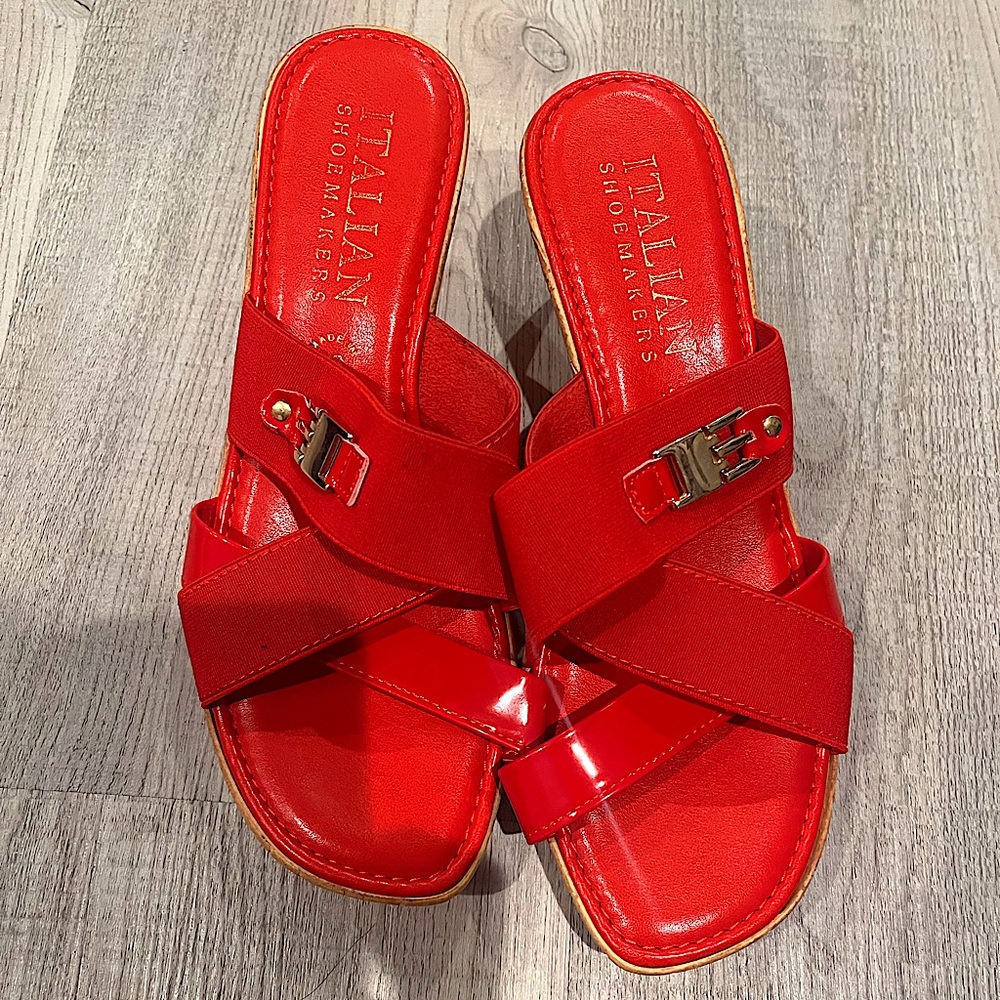 Red Italian Shoemakers Kitten Heeled Sandals Straps Summer Wedge
